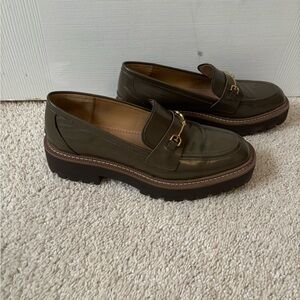 Sam Edelman Olive Green Leather Lug Sole Loafers with Gold Bit